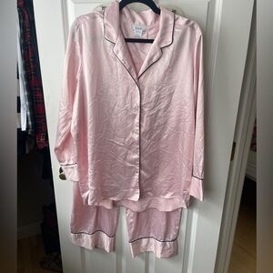 Natori Blush Satin Pajama Set with Black Trim